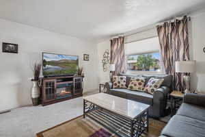 Carpeted living room with a glass covered fireplace and baseboards