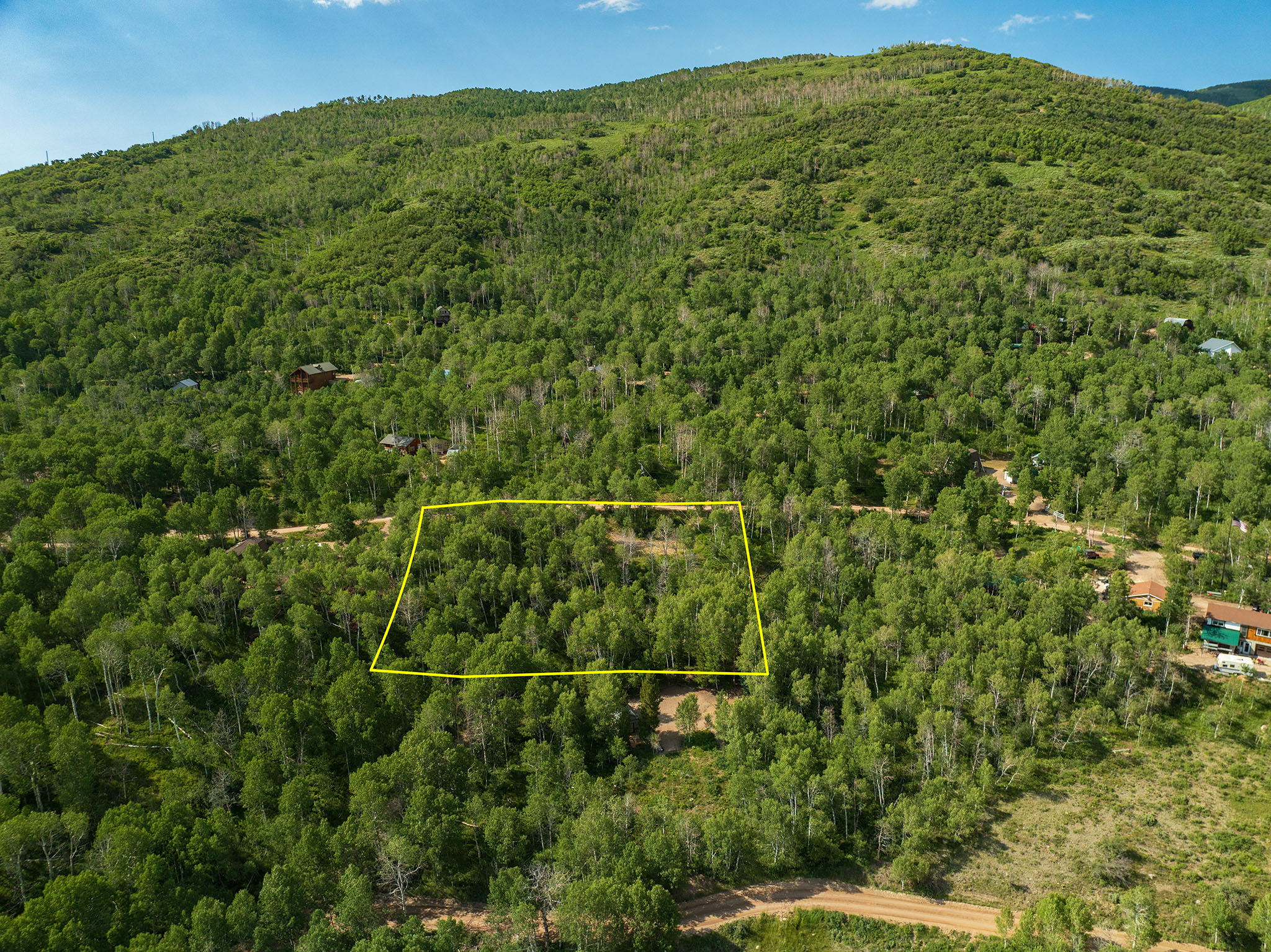 Aerial view of property and surrounding area with a forest and property boundaries highlighted
