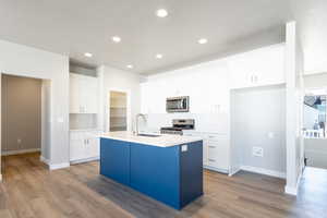 Kitchen featuring appliances with stainless steel finishes, backsplash, a kitchen island with sink, white cabinets, and recessed lighting