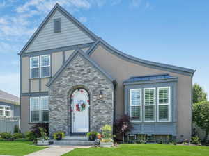 Tudor house with stucco siding