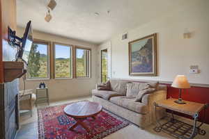 Living area featuring carpet flooring and a fireplace
