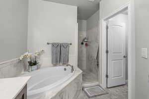 Full bathroom with a marble finish shower, a bath, and vanity