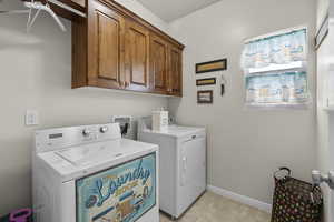 Laundry room with independent washer and dryer and cabinet space