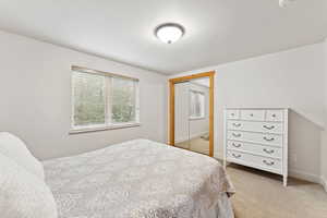 Bedroom featuring carpet floors and a closet