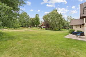 View of green lawn with a patio