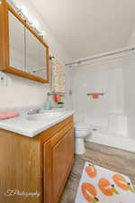 Full bath featuring vanity, a shower, and wood finished floors