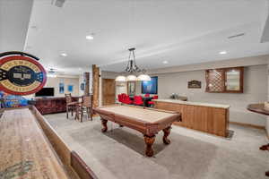 Playroom featuring a bar, light carpet, billiards table, and recessed lighting