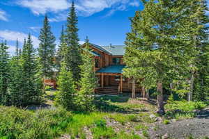 Rear view of property with a metal roof and a wooden deck