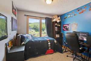 Bedroom featuring carpet, a textured ceiling, and a desk