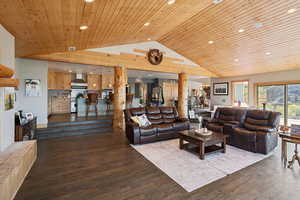 Living room with lofted ceiling, wood ceiling, recessed lighting, and dark wood-style flooring
