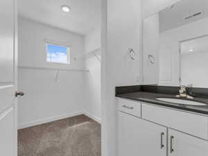 Bathroom featuring vanity, a spacious closet, and recessed lighting