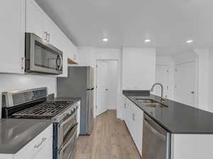 Kitchen featuring stainless steel appliances, dark countertops, light wood-style flooring, recessed lighting, and a peninsula