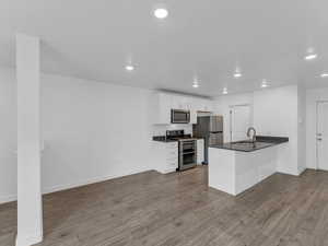 Kitchen featuring appliances with stainless steel finishes, dark countertops, a peninsula, recessed lighting, and dark wood-style flooring