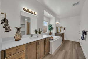Bathroom featuring two vanities, wood finished floors, and a bath