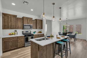 Kitchen featuring appliances with stainless steel finishes, light wood-style floors, a breakfast bar area, light countertops, and pendant lighting