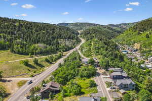 Aerial perspective of suburban area with a forest and a mountainous background