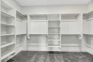 Walk in closet with dark carpet
