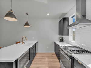 Kitchen featuring appliances with stainless steel finishes, wall chimney range hood, a peninsula, decorative backsplash, and light wood-style flooring