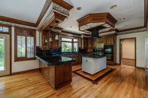 Kitchen featuring ventilation hood, ornamental molding, a peninsula, dark countertops, and light wood-style flooring