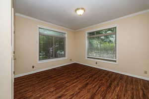 Empty room with ornamental molding and dark wood-style flooring