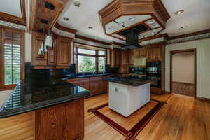 Kitchen with crown molding, a peninsula, decorative backsplash, light wood-style flooring, and exhaust hood