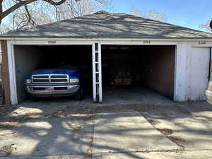 View of detached garage