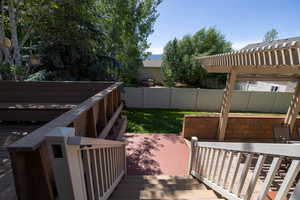Deck featuring a fenced backyard and a patio area