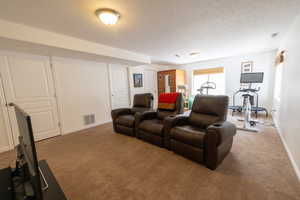 Carpeted cinema featuring a textured ceiling and baseboards