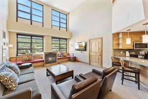 Living room with a towering ceiling and a glass covered fireplace