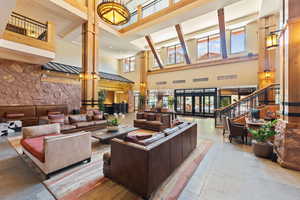 Building lobby with a high ceiling and stairs