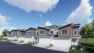 Multi unit property with an attached garage, concrete driveway, and a residential view