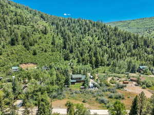 Aerial view of a heavily wooded area