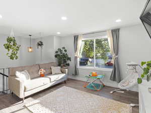Living room with wood finished floors and recessed lighting