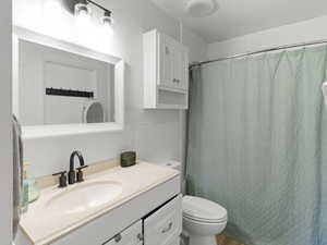 Full bathroom 1 featuring vanity and curtained shower