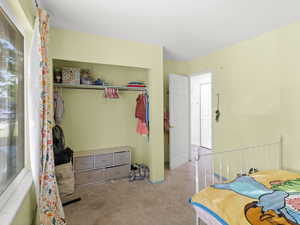 Carpeted bedroom with a closet