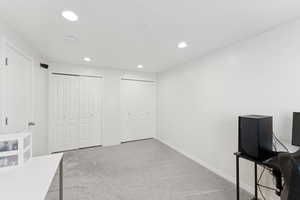 Unfurnished office with recessed lighting and carpet