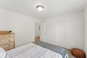 Bedroom featuring carpet and a closet