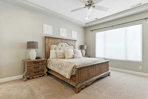 Bedroom featuring light colored carpet, recessed lighting, and a ceiling fan