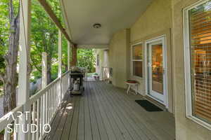 Shaded  porch with a grill
