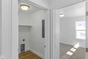 Laundry room featuring electric panel and electric dryer hookup