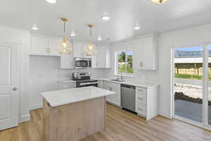 Kitchen featuring stainless steel appliances, tasteful backsplash, plenty of natural light, white cabinets, and recessed lighting