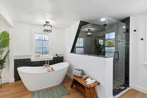 Full bathroom with wood finished floors, a freestanding bath, a stall shower, a chandelier, and wainscoting