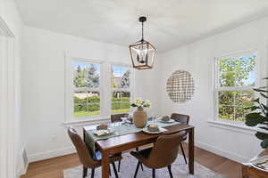 Dining room featuring a chandelier, plenty of natural light, and light wood-style flooring