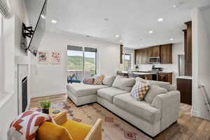 Living area with recessed lighting, light wood-style flooring, and a high end fireplace
