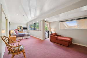 Bedroom with carpet flooring, access to outside, and recessed lighting