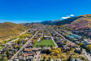 Aerial view of residential area with mountains