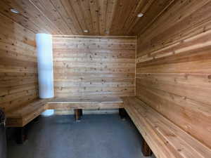 Sauna / steam room with wooden ceiling, wooden walls, carpet floors, and recessed lighting