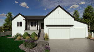 Modern farmhouse style home with board and batten siding, an attached garage, covered porch, concrete driveway, and stairs