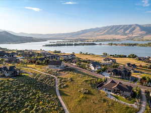 Aerial view of residential area with a water and mountain view