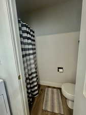 Bathroom featuring wood finished floors and a shower with shower curtain